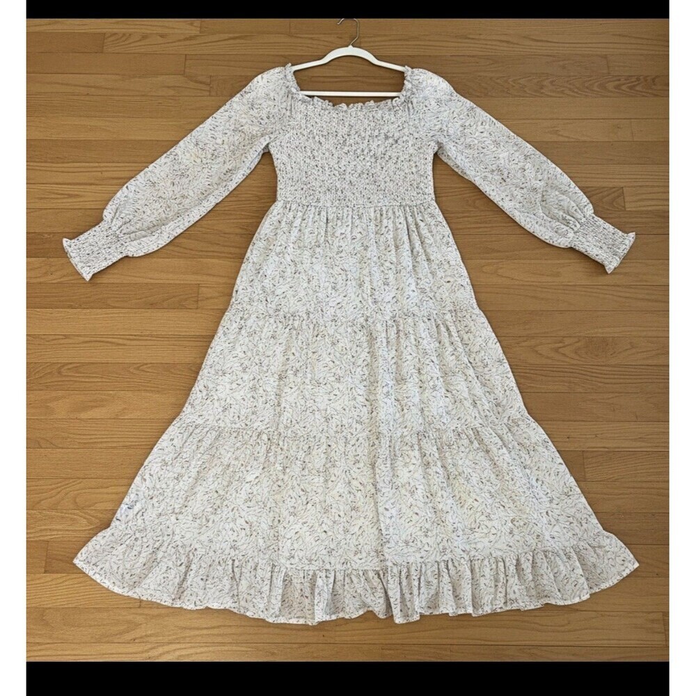 &Merci Sz M Off White Floral Dandy Prairie Midi Smocked TieredDress Long Sleeve - Picture 3 of 15